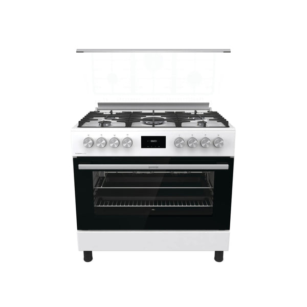 طباخ جورنجي غازي - 5 مشاعل - موديل GGI9C20W - أبيض - 90 سم - مروحة فرن - شاشة رقمية - باب ناعم الإغلاق - تنظيف كاتاليتك - شبك حديد زهر