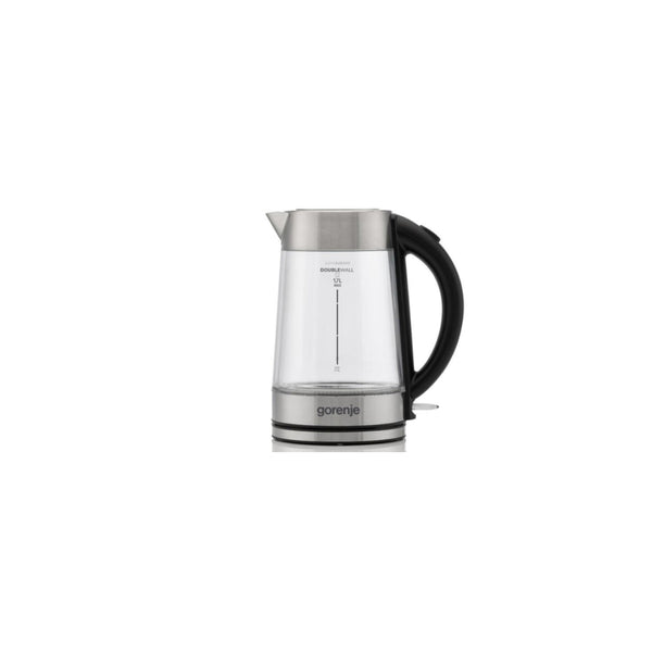 غلاية كهربائية Gorenje K17GED سعة 1.7 لتر، طاقة 2200 W، جسم زجاجي فولاذي، قاعدة دوّارة 360°، فلتر قابل للإزالة، حماية ذكية، تصميم أنيق