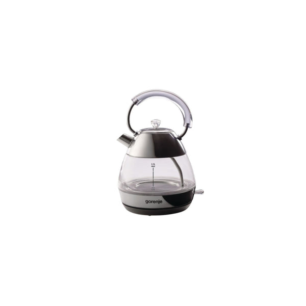 غلاية كهربائية Gorenje K17GLBW سعة 1.7 لتر طاقة 2200 W جسم زجاجي LED أسود/أبيض قاعدة دوّارة 360° مؤشر ماء فلتر قابل للإزالة حماية غليان تلقائي